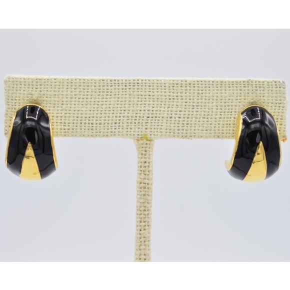 Givenchy Vintage Dangle Earrings Gold Tone Black Enamel Hoop Signed 1980s BinAE - Picture 1 of 10